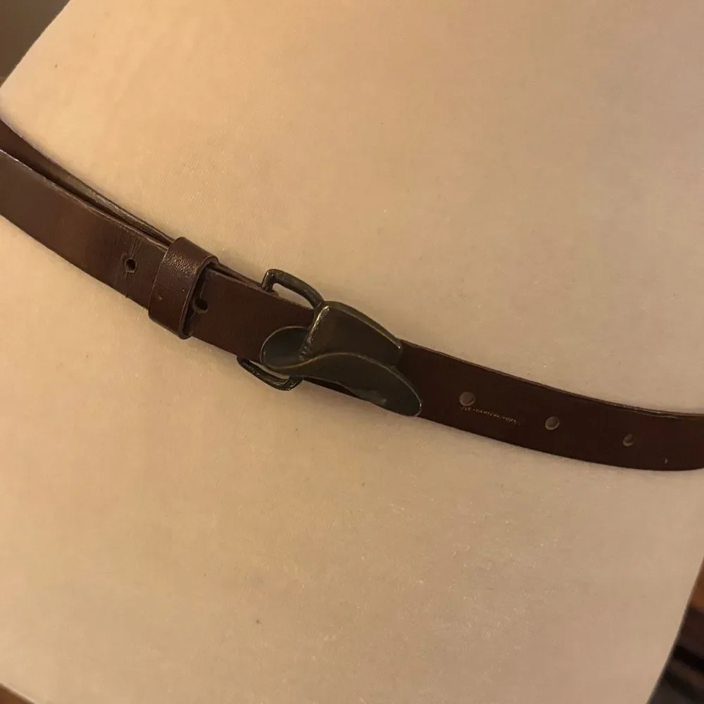 Vintage Brown Leather Belt with Cowboy Hat Belt Buckle